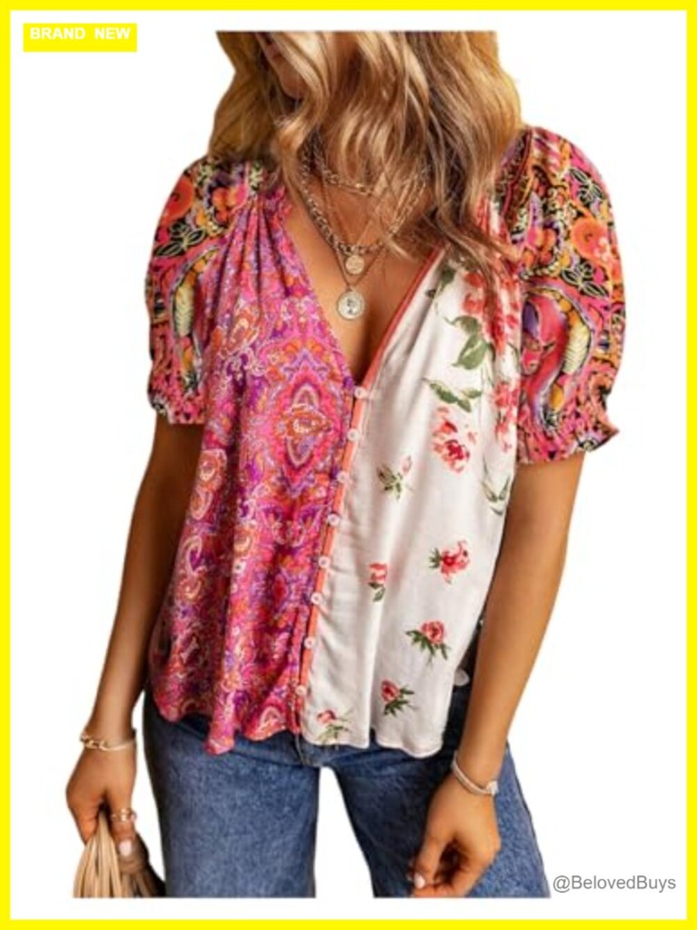 RoseSeek Boho Floral Button Down Blouse V Neck Short Sleeve Summer Top